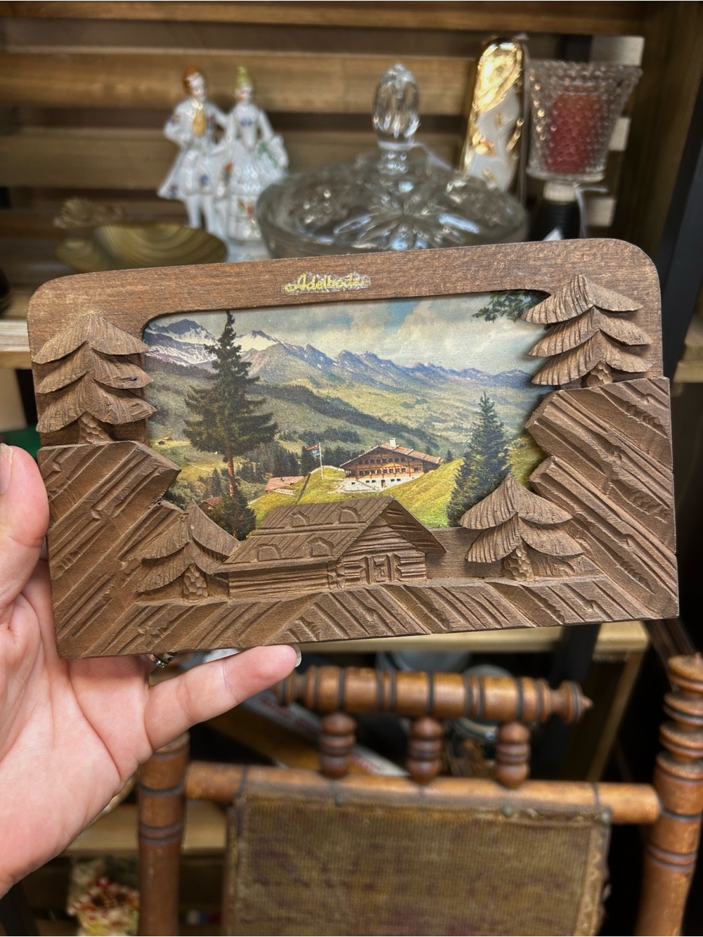 Vintage Carved Wood Adelboden Swiss Postcard Souvenir Picture Frame